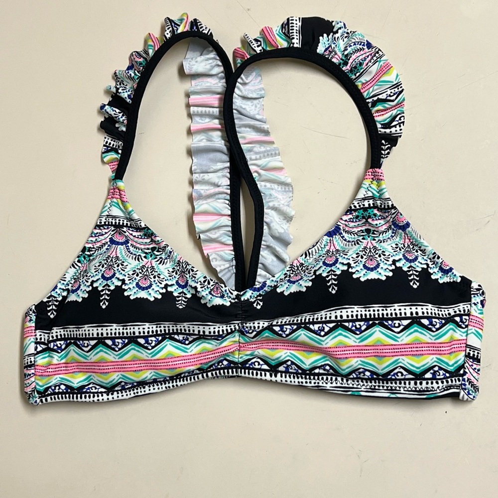 Raisins Striped Bikini Top with Ruffle Straps - Size Medium - EUC